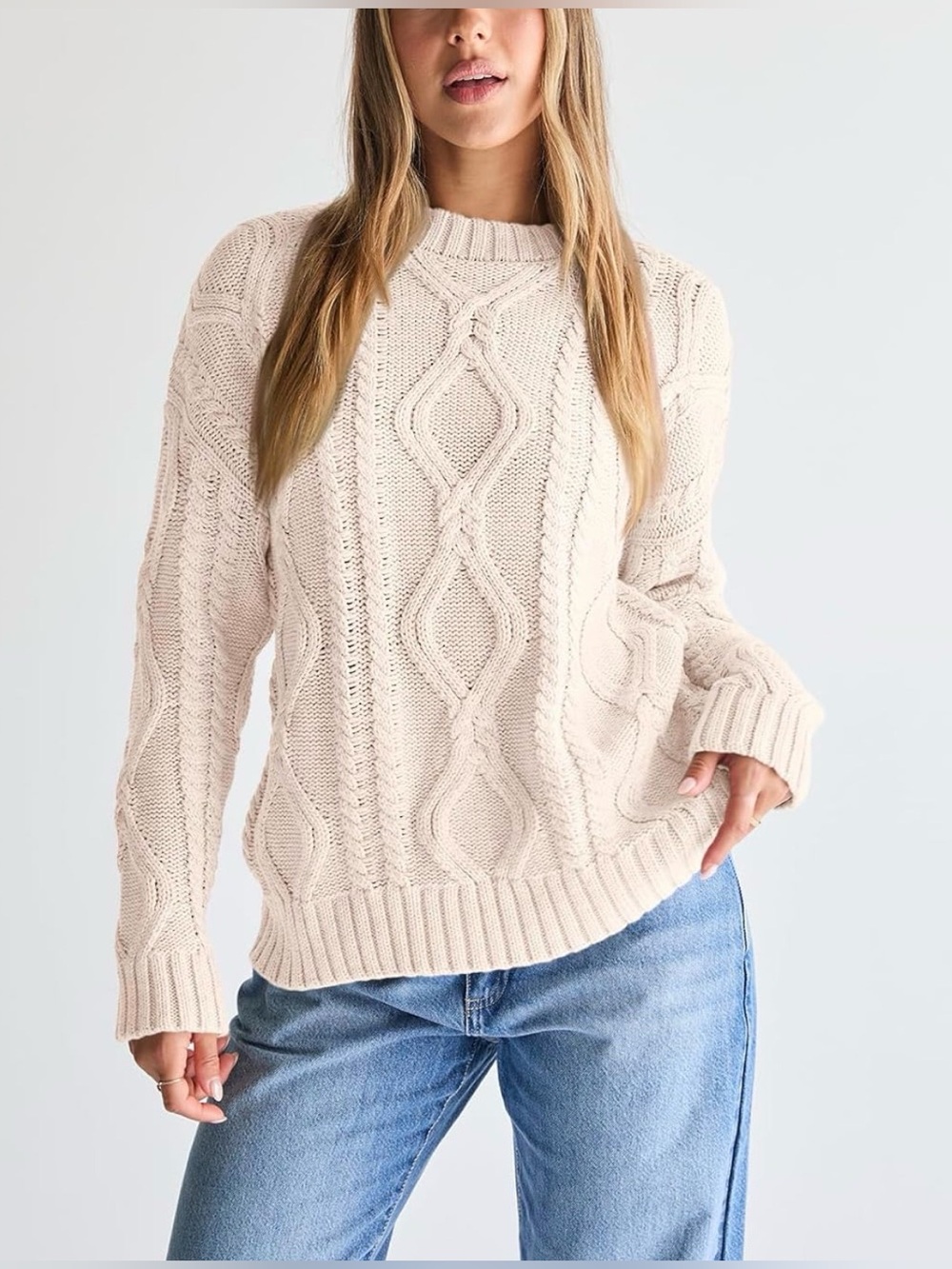 Trendy Queen Cream Cable Knit Chunky Crewneck Sweater Size Small Oversized